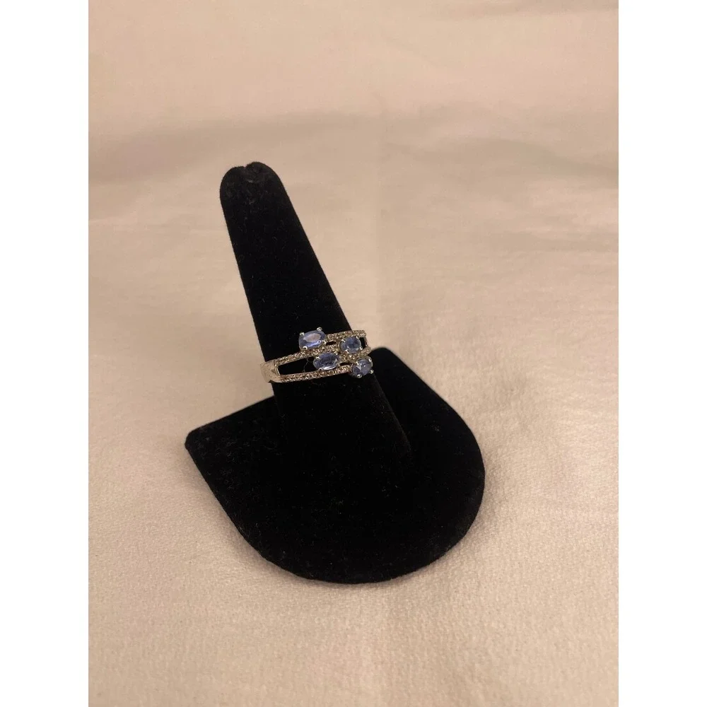 Sterling Silver 925 Multi Row Oval Blue Topaz Pavé Accent Ring Size 8.5